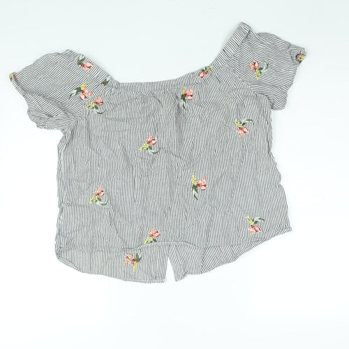 Warehouse Womens Grey Striped Cotton Basic Blouse Size 16 Off the Shoulder - Floral Embroidery