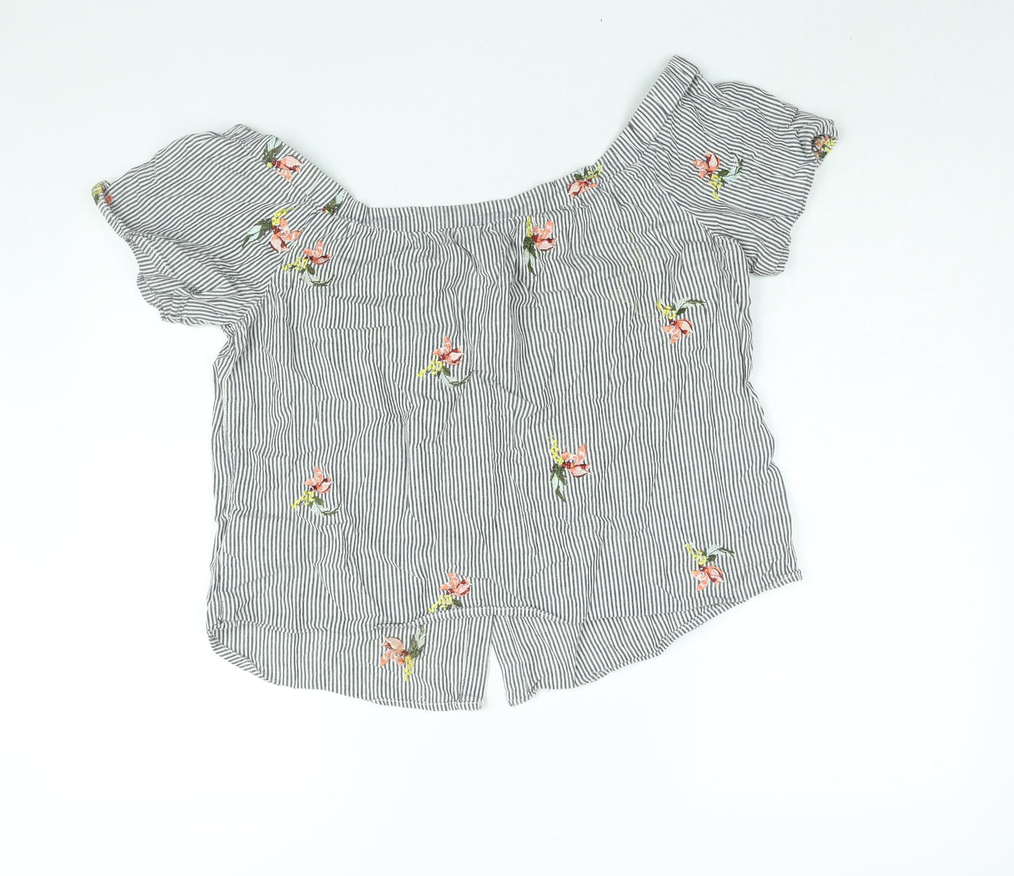 Warehouse Womens Grey Striped Cotton Basic Blouse Size 16 Off the Shoulder - Floral Embroidery