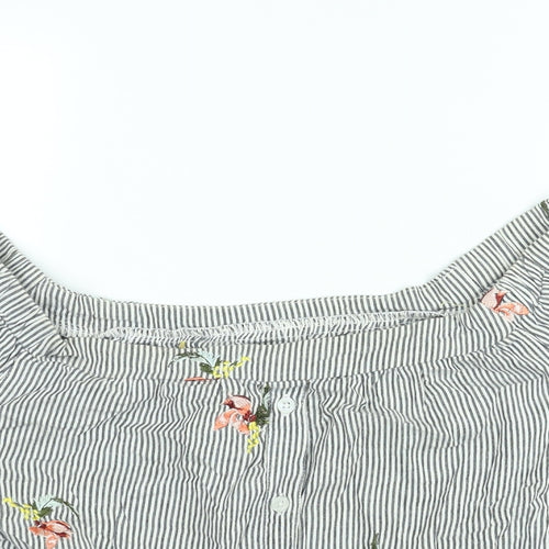 Warehouse Womens Grey Striped Cotton Basic Blouse Size 16 Off the Shoulder - Floral Embroidery