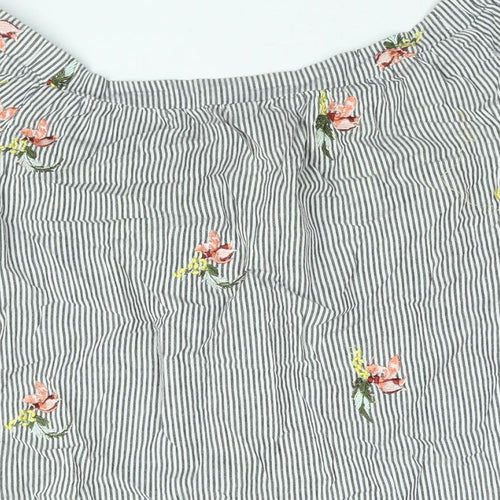 Warehouse Womens Grey Striped Cotton Basic Blouse Size 16 Off the Shoulder - Floral Embroidery