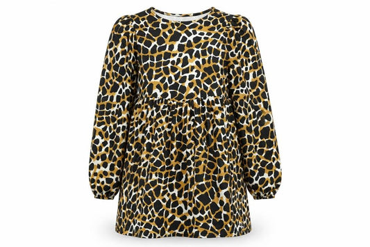 Front view of ASOS women’s multicoloured animal print polyester a-line, size UK 10, round neck pullover - giraffe print