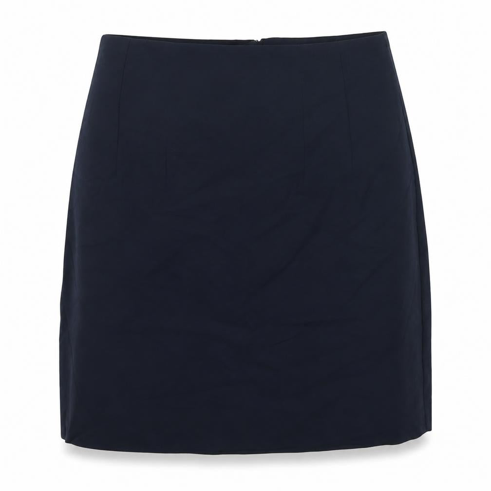 Front view of Marks & Spencer women’s blue polyester a-line skirt, size UK 10, zip