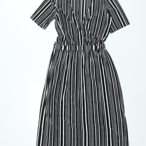 ASOS Womens Black Striped Polyester Shift Size 8 V-Neck Pullover - Belted Plisse