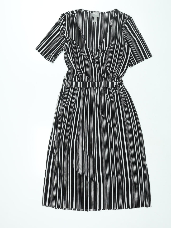 ASOS Womens Black Striped Polyester Shift Size 8 V-Neck Pullover - Belted Plisse