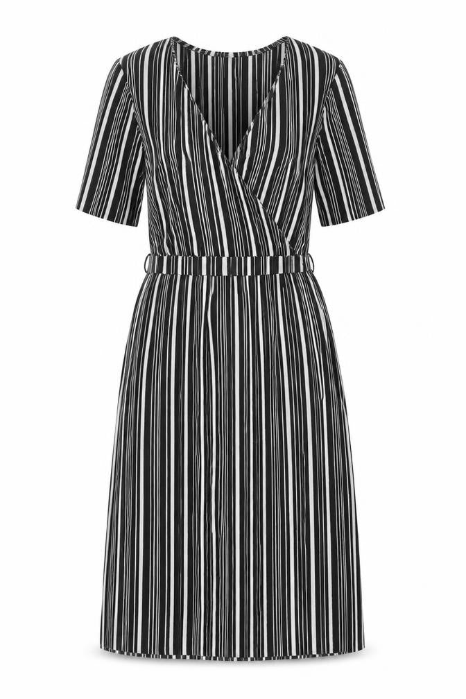 Front view of ASOS women’s black striped polyester shift, size UK 8, v-neck pullover - belted plisse