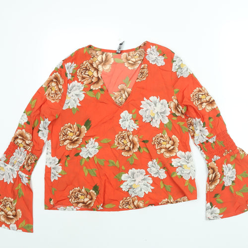 Influence Womens Red Floral Polyester Basic Blouse Size 12 V-Neck - Bell Sleeve