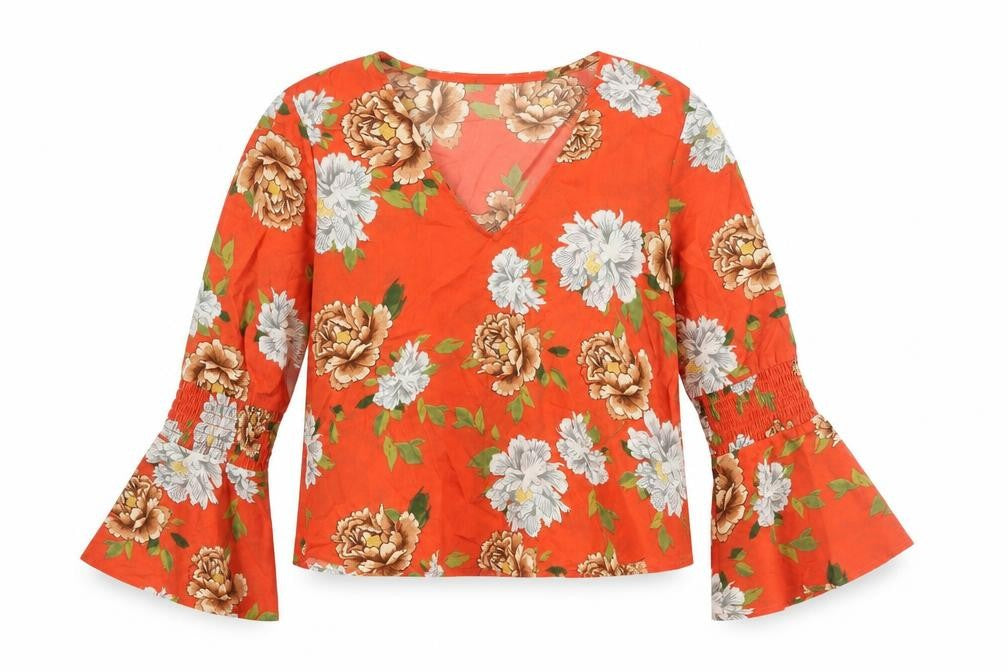 Front view of Influence women’s red floral polyester basic blouse, size UK 12, v-neck - bell sleeve