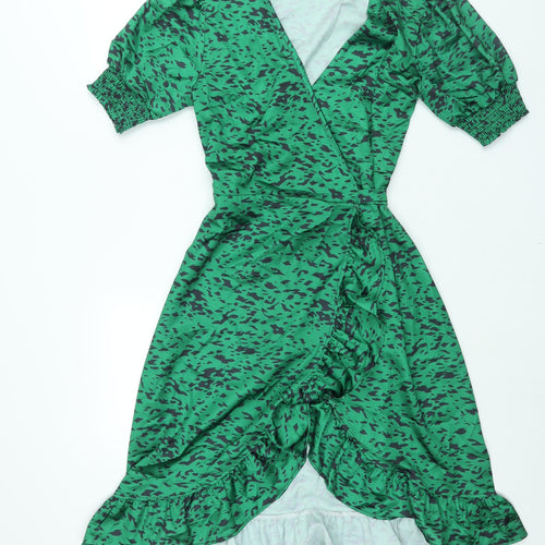 Jenerique Womens Green Geometric Polyester Wrap Dress Size 10 V-Neck Tie - Frill