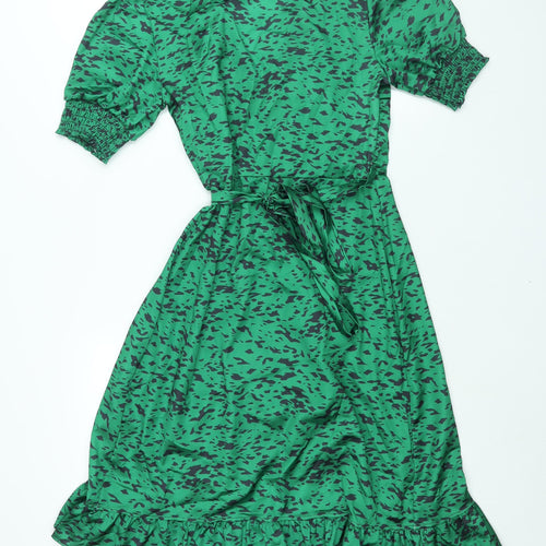 Jenerique Womens Green Geometric Polyester Wrap Dress Size 10 V-Neck Tie - Frill