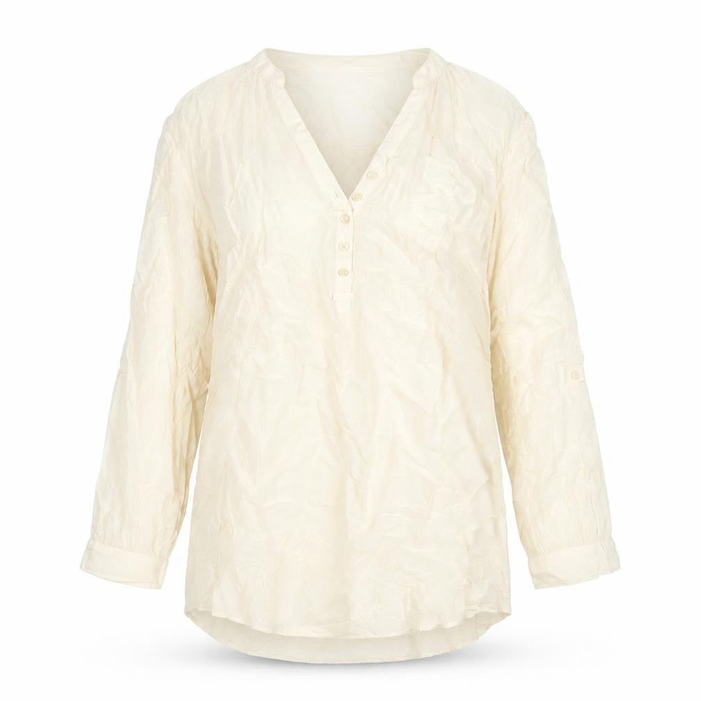 Front view of H&M women’s ivory polyester tunic blouse, size UK 12, v-neck