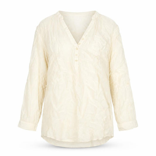 Front view of H&M women’s ivory polyester tunic blouse, size UK 12, v-neck