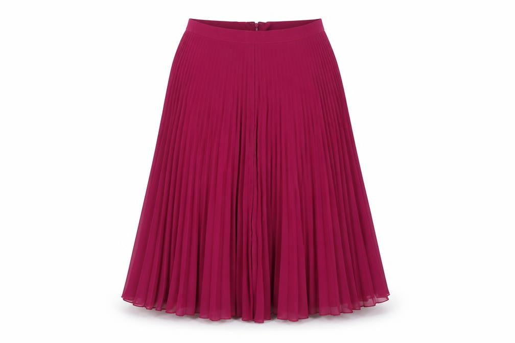 Front view of Next women’s purple polyester pleated skirt, size UK 30, in zip