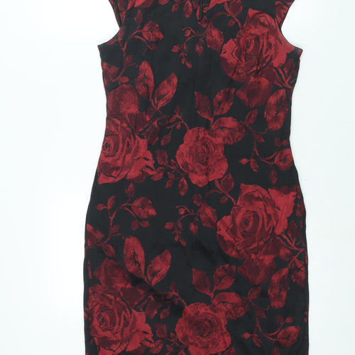 Roman Womens Red Floral Polyester Shift Size 12 V-Neck Zip
