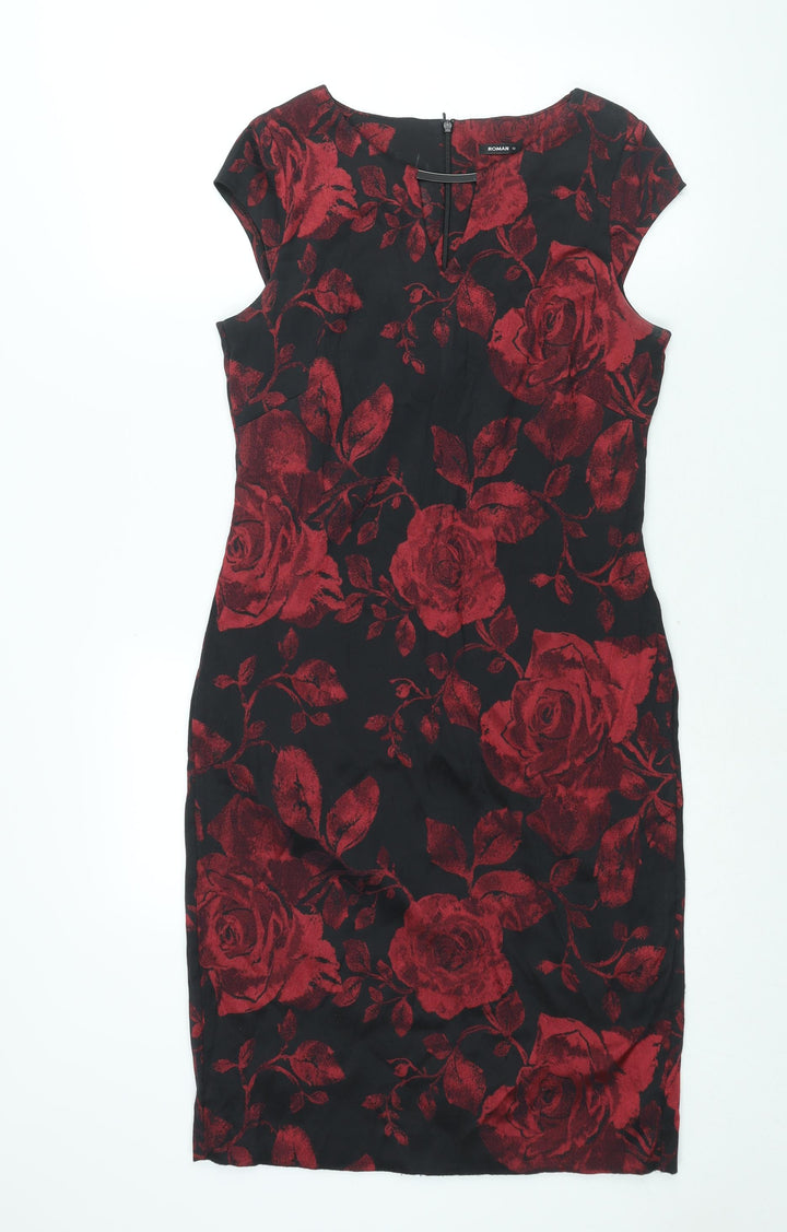 Roman Womens Red Floral Polyester Shift Size 12 V-Neck Zip
