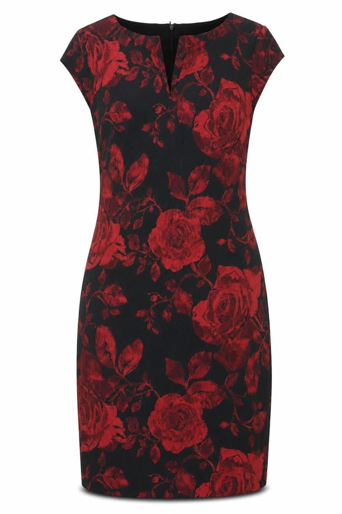 Front view of Roman women’s red floral polyester shift, size UK 12, v-neck zip