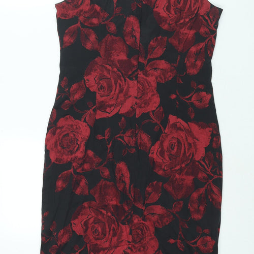 Roman Womens Red Floral Polyester Shift Size 12 V-Neck Zip