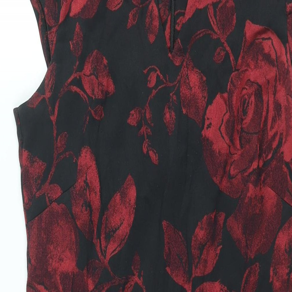 Roman Womens Red Floral Polyester Shift Size 12 V-Neck Zip