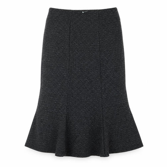 Front view of EWM women’s grey geometric polyester trumpet skirt, size UK 12