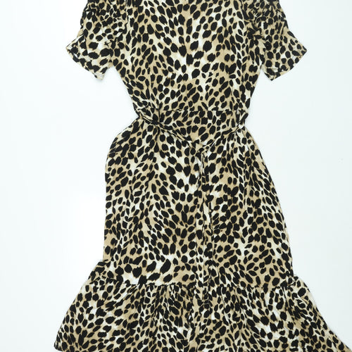 New Look Womens Beige Animal Print Viscose Shift Size 14 Round Neck Pullover - Belted Cheetah Print