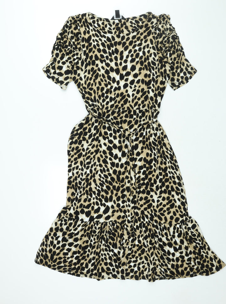 New Look Womens Beige Animal Print Viscose Shift Size 14 Round Neck Pullover - Belted Cheetah Print