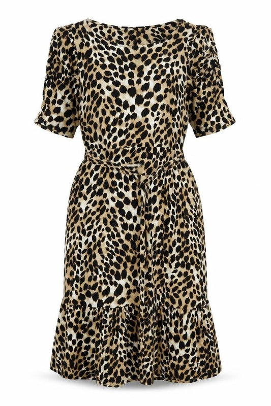 Front view of New Look women’s beige animal print viscose shift, size UK 14, round neck pullover - belted cheetah print