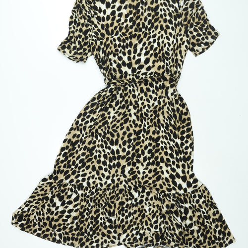 New Look Womens Beige Animal Print Viscose Shift Size 14 Round Neck Pullover - Belted Cheetah Print