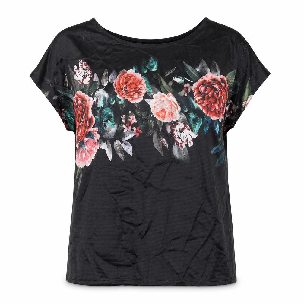 Front view of Marks & Spencer women’s black polyester basic blouse, size UK 12, round neck - floral print