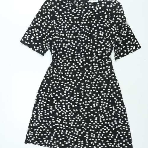Warehouse Womens Black Floral Viscose A-Line Size 10 Round Neck Zip