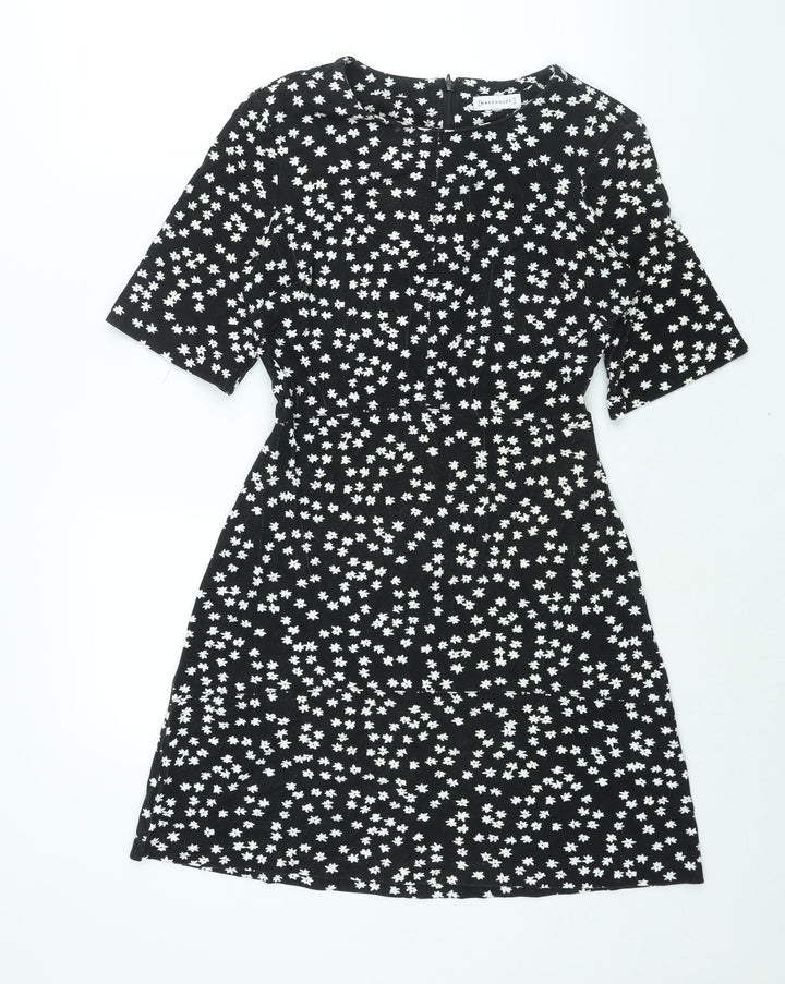 Warehouse Womens Black Floral Viscose A-Line Size 10 Round Neck Zip
