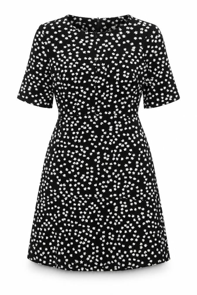 Warehouse Womens Black Floral Viscose A-Line Size 10 Round Neck Zip