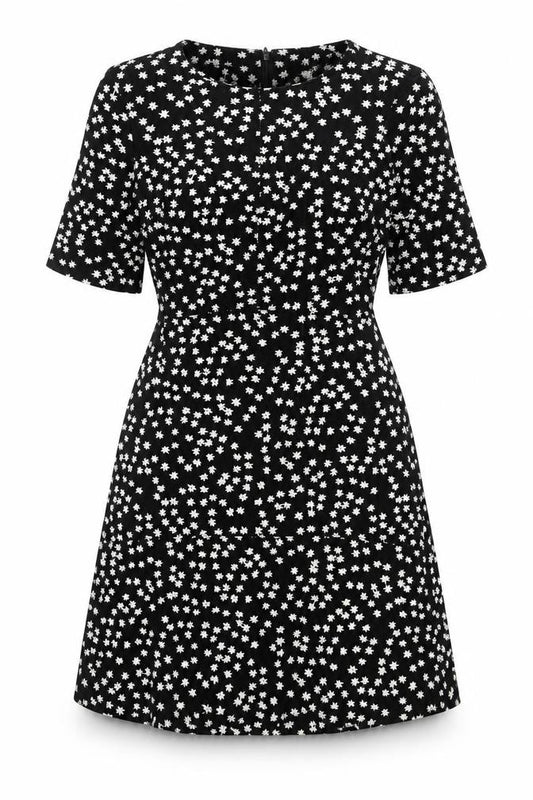 Front view of Warehouse women’s black floral viscose a-line, size UK 10, round neck zip