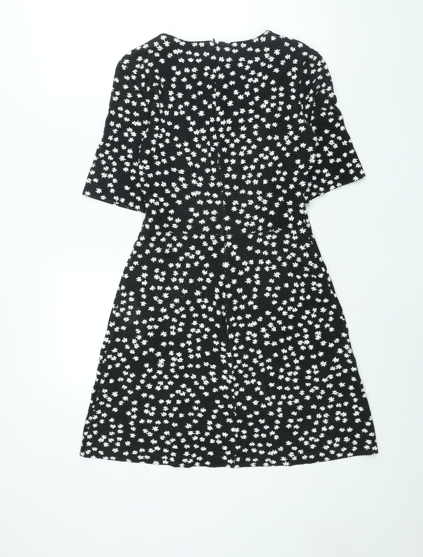 Warehouse Womens Black Floral Viscose A-Line Size 10 Round Neck Zip