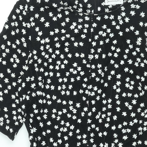 Warehouse Womens Black Floral Viscose A-Line Size 10 Round Neck Zip