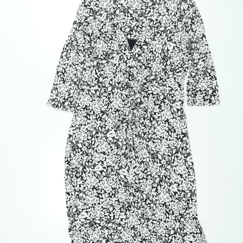 BHS Womens Black Floral Viscose Shift Size 16 V-Neck Pullover - Tie Detail