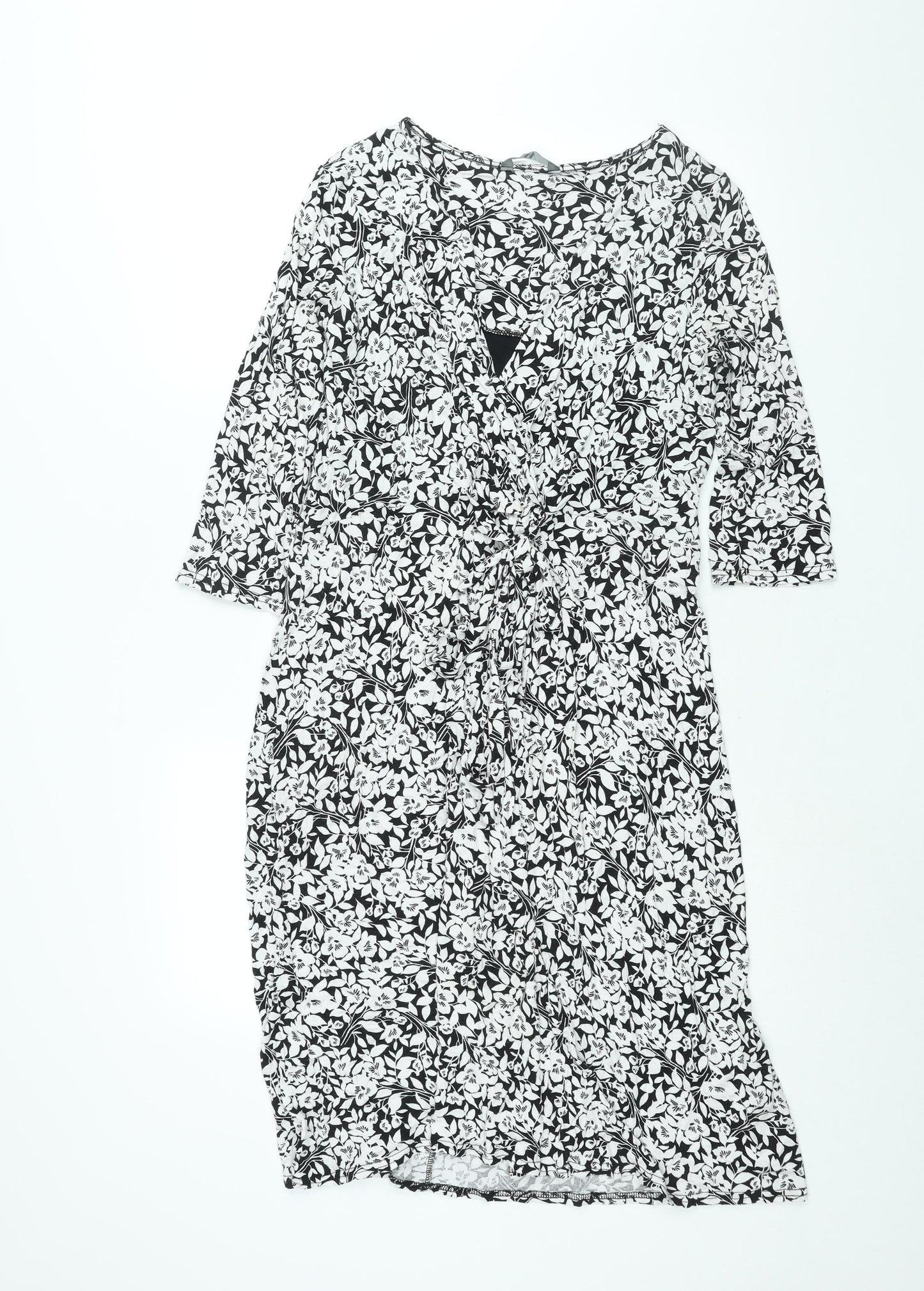 BHS Womens Black Floral Viscose Shift Size 16 V-Neck Pullover - Tie Detail