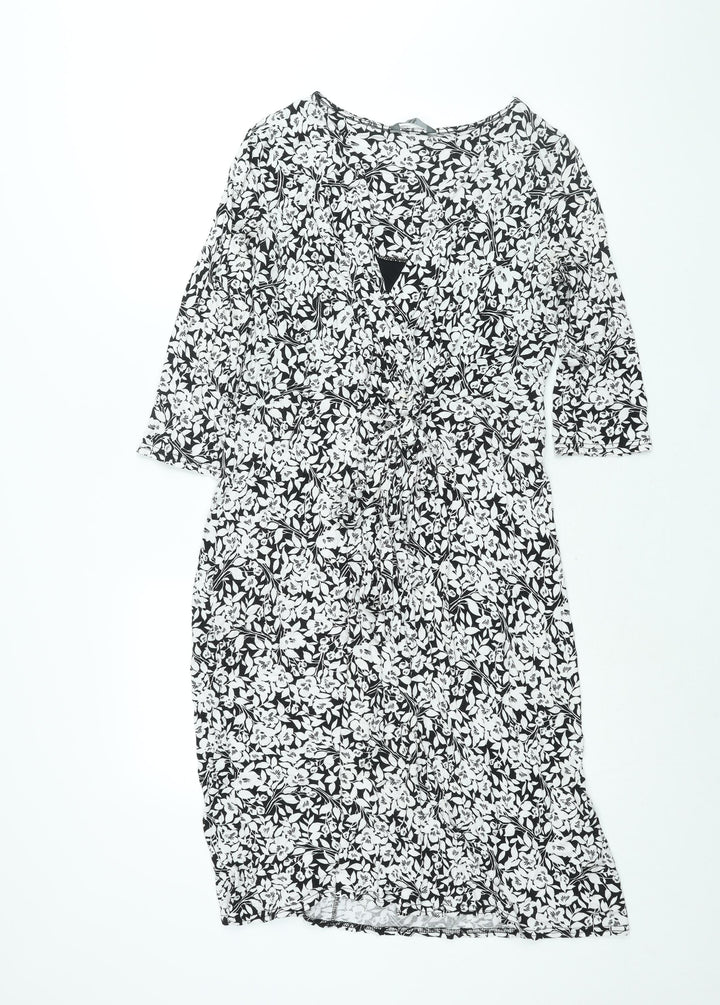 BHS Womens Black Floral Viscose Shift Size 16 V-Neck Pullover - Tie Detail