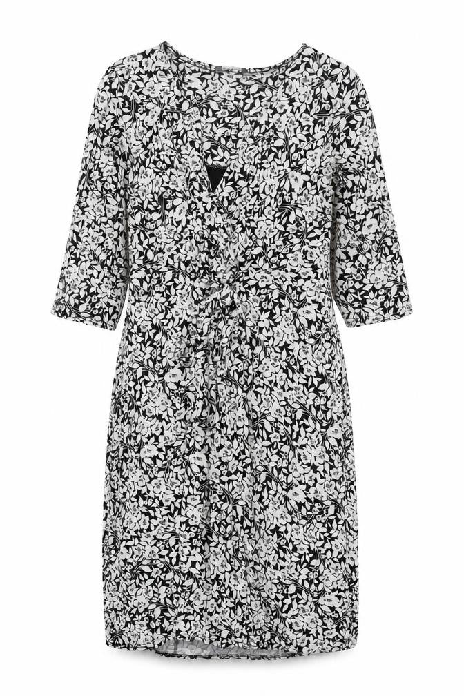 Front view of BHS women’s black floral viscose shift, size UK 16, v-neck pullover - tie detail
