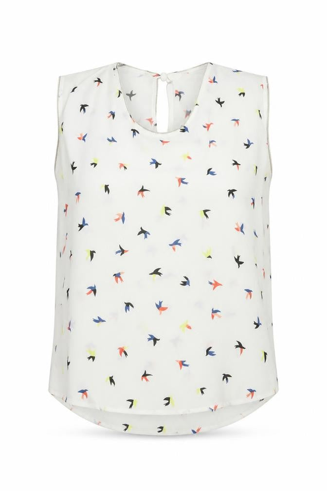 Front view of Trend women’s white geometric polyester basic blouse, size UK 8, round neck
