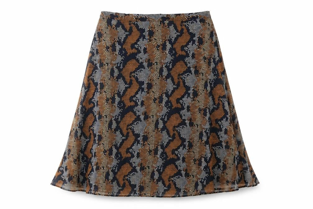 Front view of Warehouse women’s multicoloured geometric polyester pleated skirt, size UK 18, zip