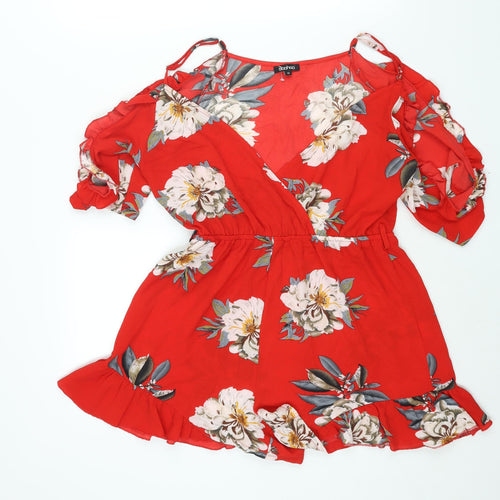 Boohoo Womens Red Floral Polyester Playsuit One-Piece Size 12 Pullover - Cold Shoulder Frill