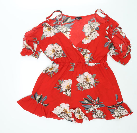 Boohoo Womens Red Floral Polyester Playsuit One-Piece Size 12 Pullover - Cold Shoulder Frill