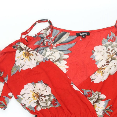 Boohoo Womens Red Floral Polyester Playsuit One-Piece Size 12 Pullover - Cold Shoulder Frill