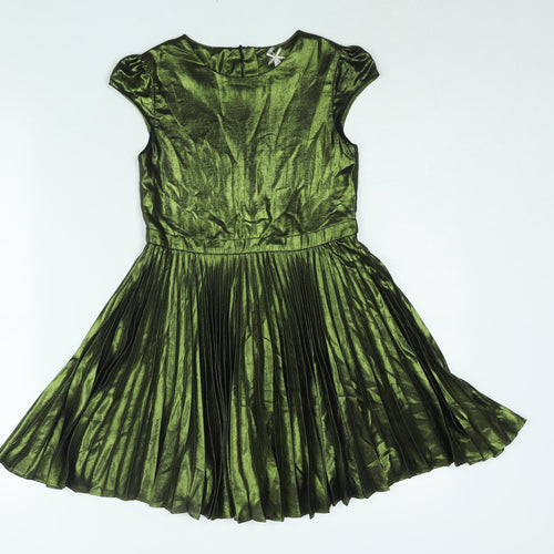 NEXT Girls Green Polyester Fit & Flare Size 8 Years Round Neck Button - Pleated