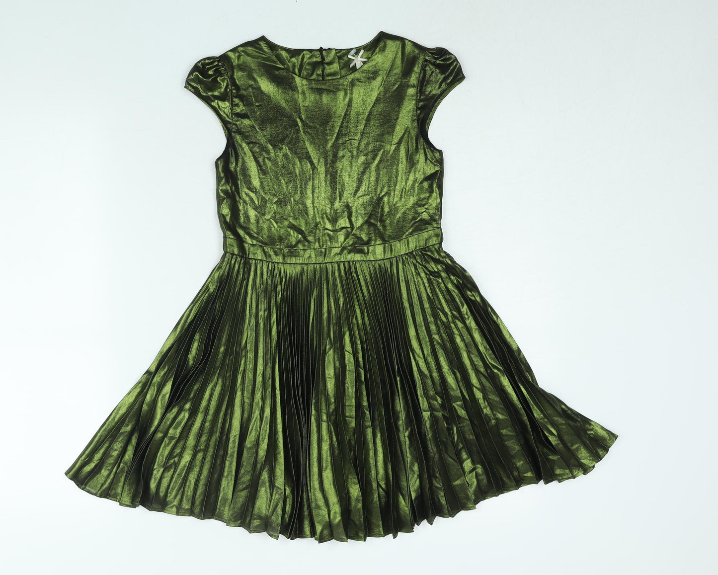 NEXT Girls Green Polyester Fit & Flare Size 8 Years Round Neck Button - Pleated