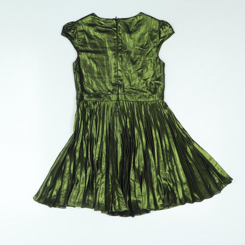 NEXT Girls Green Polyester Fit & Flare Size 8 Years Round Neck Button - Pleated