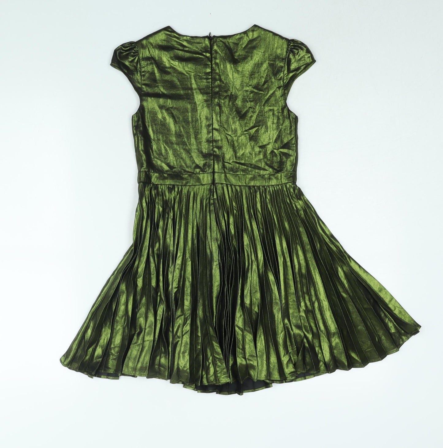 NEXT Girls Green Polyester Fit & Flare Size 8 Years Round Neck Button - Pleated