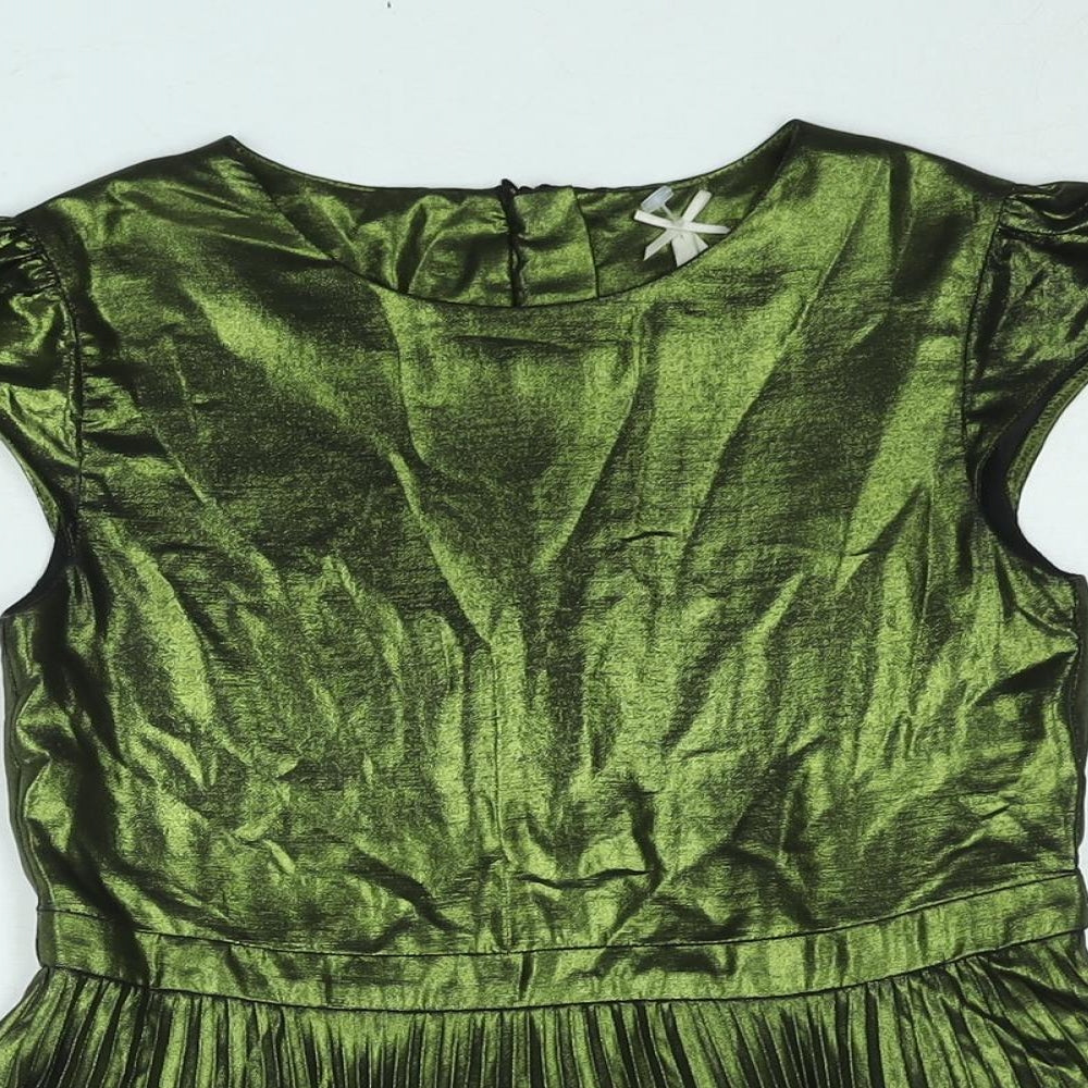 NEXT Girls Green Polyester Fit & Flare Size 8 Years Round Neck Button - Pleated