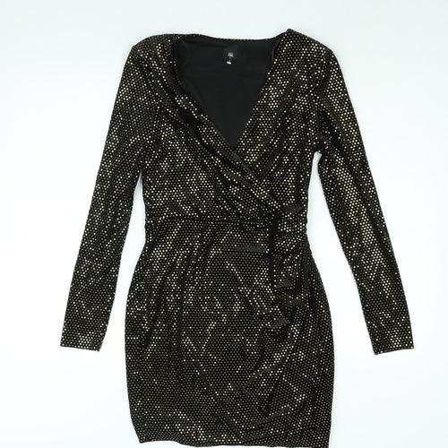 River Island Womens Black Polyester Bodycon Size 10 V-Neck Pullover - Shoulder Pads Gold Sequin