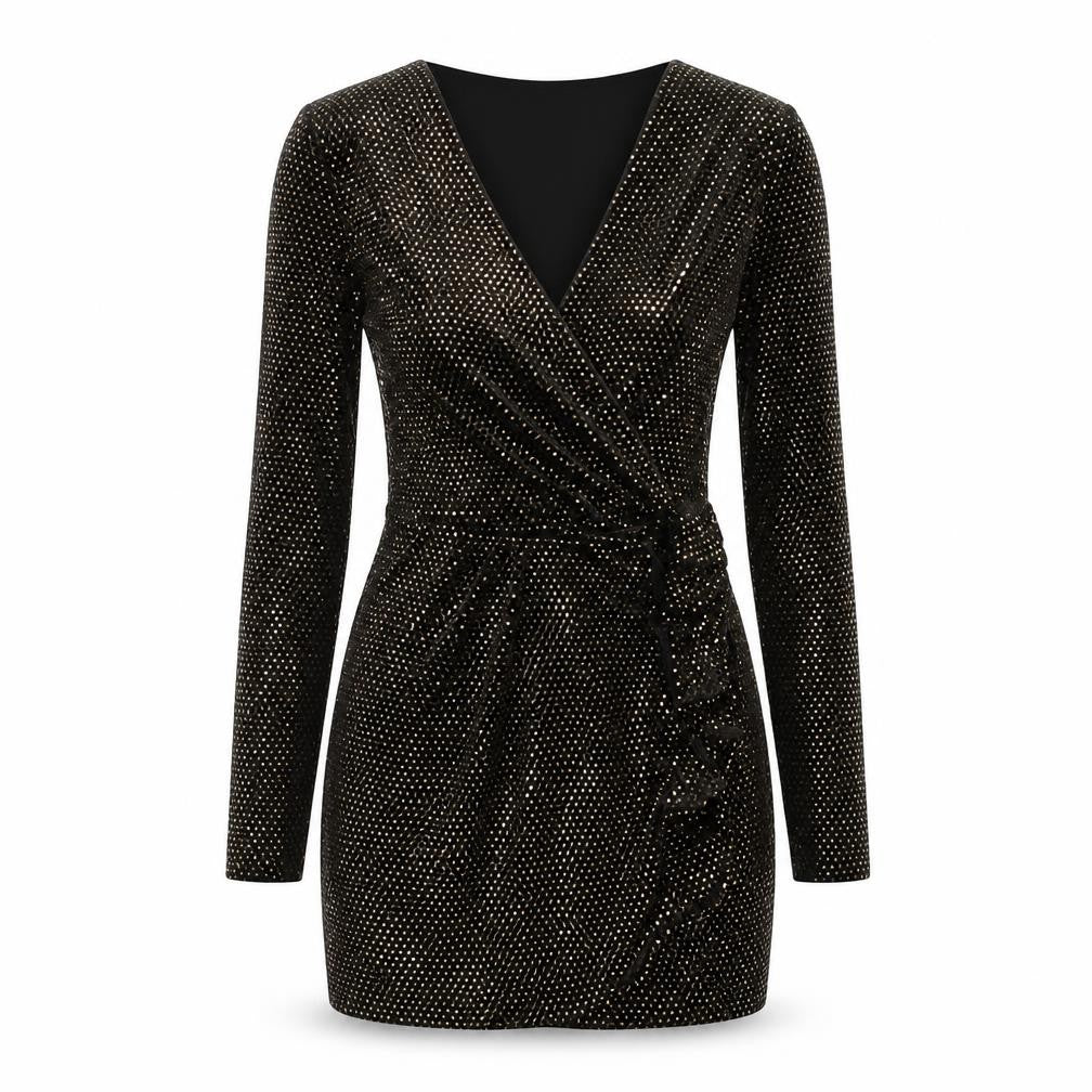 Front view of River Island women’s black polyester bodycon, size UK 10, v-neck pullover - shoulder pads gold sequin