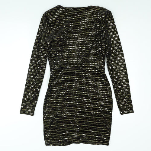River Island Womens Black Polyester Bodycon Size 10 V-Neck Pullover - Shoulder Pads Gold Sequin